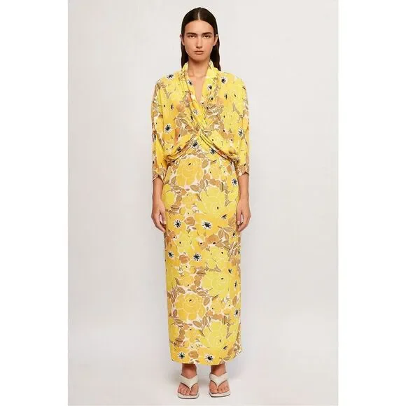 S/W/F Twist Front Plunge Midi Dress Summer Poolside Dress In Yellow Floral Weddi - Picture 1 of 6